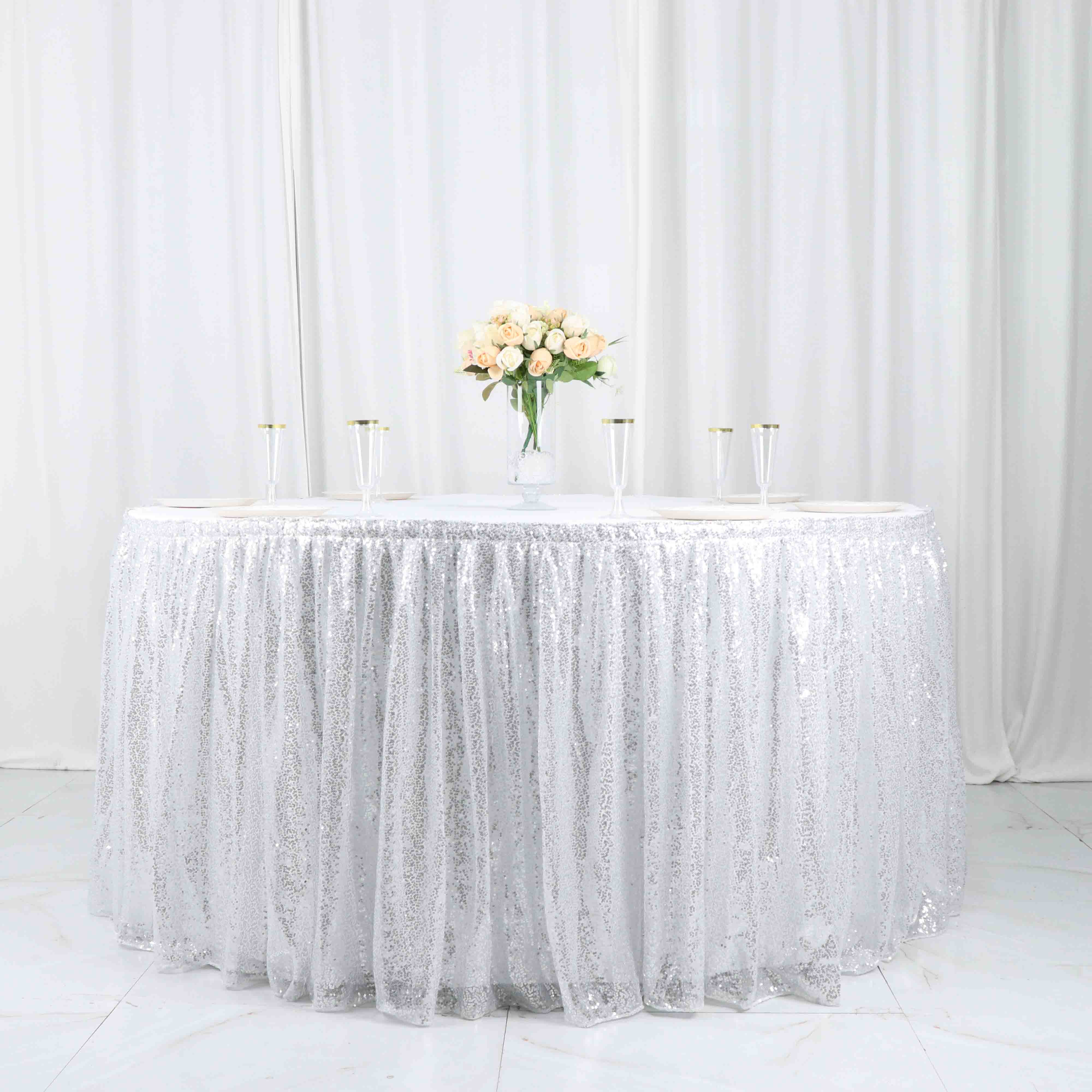 Sequin 17ft Table Skirt Silver - Pleated Satin With Top Velcro Strip