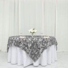 Satin 72"x72" Table Overlay Square Tablecloth Silver - 3D Rosette Table Cover