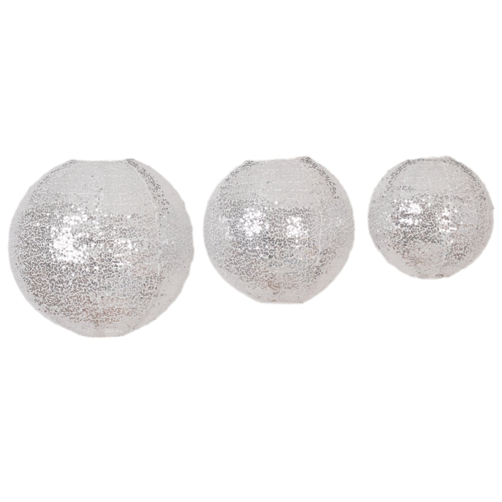 Set of 3 Glitter Silver Sequin Fabric Hanging Lanterns, Decorative Round Foldable Chinese Lantern Lampshades - 8",10",12"