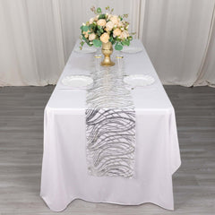 Sequin Mesh 12"x108" Table Runner Silver Stylish Wave Embroidery