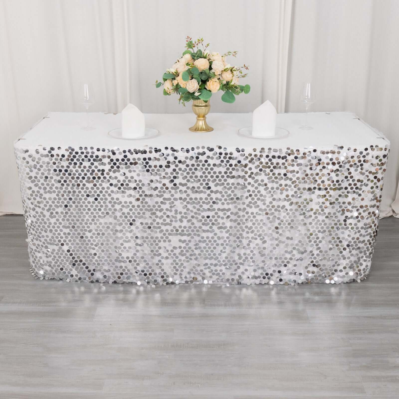 Payette Sequin 21ft Table Skirt Silver - Dual Layered Satin Table Cover