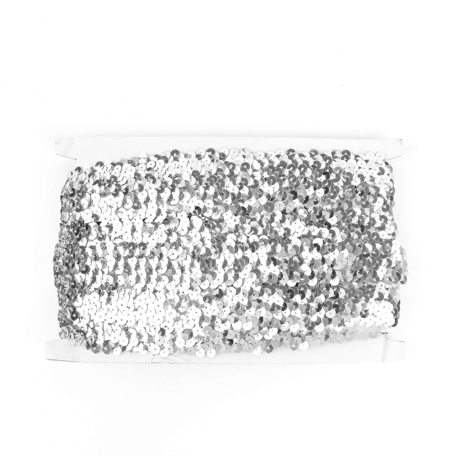 1"x10 Yards Metallic Silver Sequin Stretch Fabric Ribbon, Elastic Lace Trim, Shiny Glitter Craft Fabric