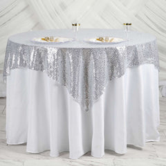 Sequin 60"x60" Table Overlay Square Tablecloth Silver - Luxe Wedding Table Topper