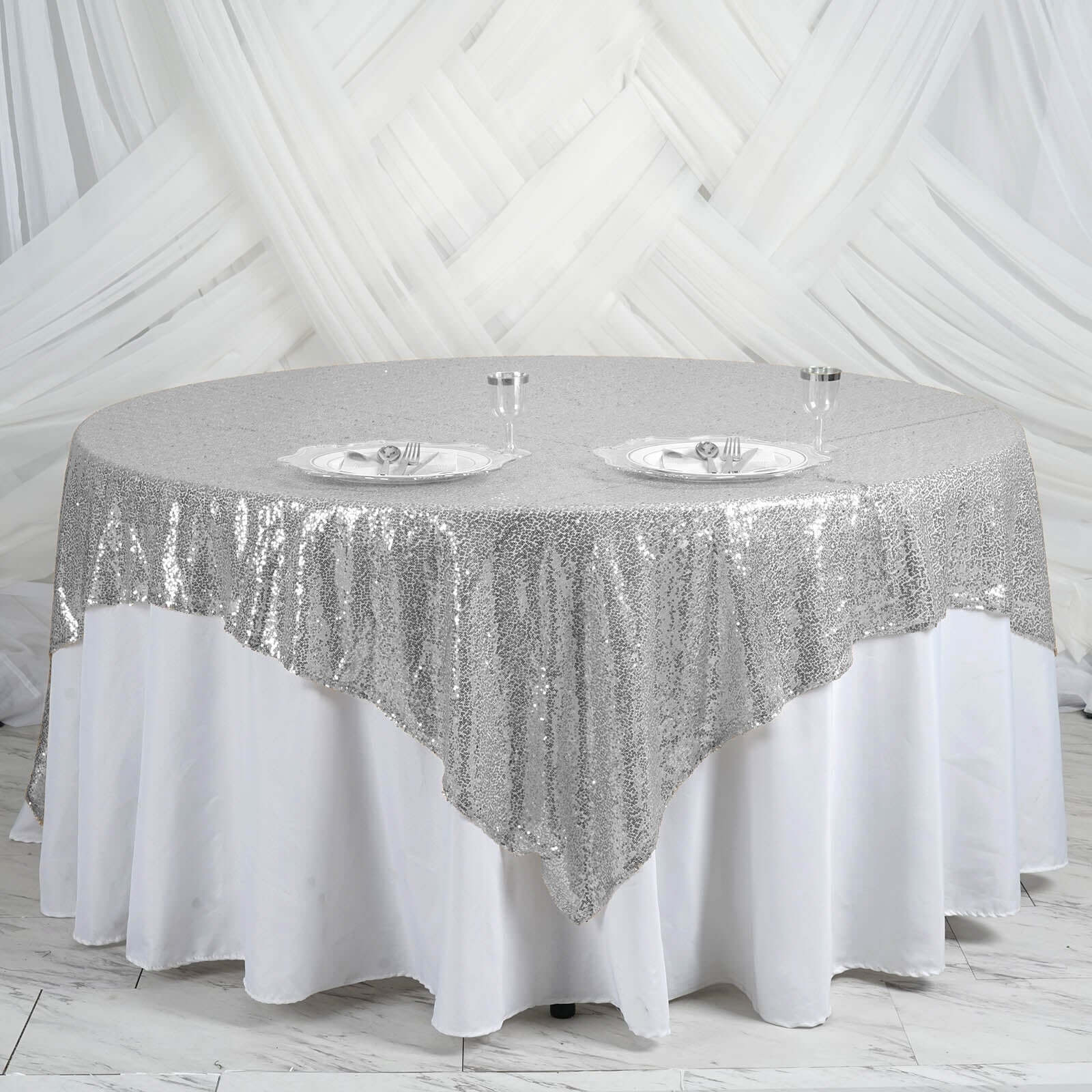 Sequin 90"x90" Table Overlay Square Tablecloth Silver - Sparkly Table Cover