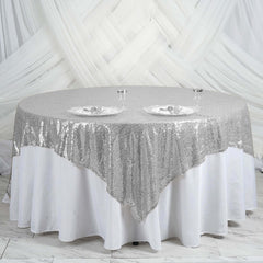 Sequin 90"x90" Table Overlay Square Tablecloth Silver - Sparkly Table Cover