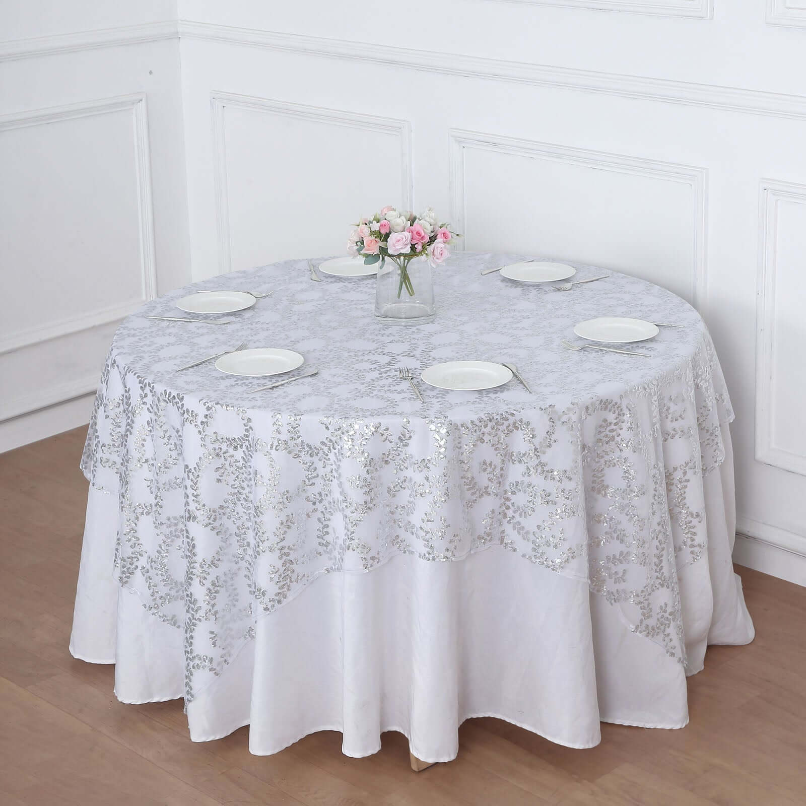 Tulle 72"x72" Table Overlay Square Tablecloth Silver - Sequin Leaf Embroidered Table Topper