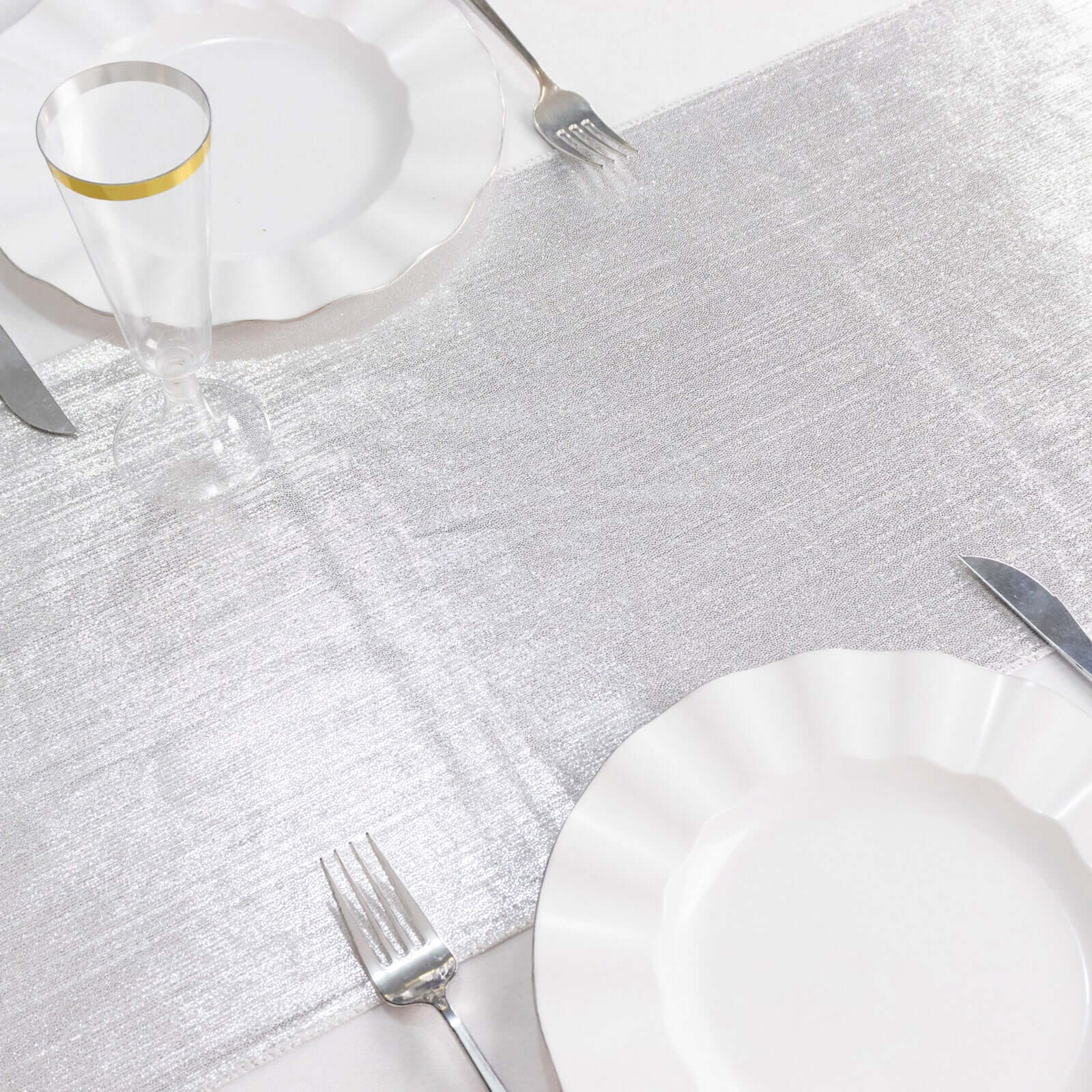 Polyester 12"x108" Table Runner Silver Shimmer Sequin Dots - Wrinkle-Free Finish Table Linen