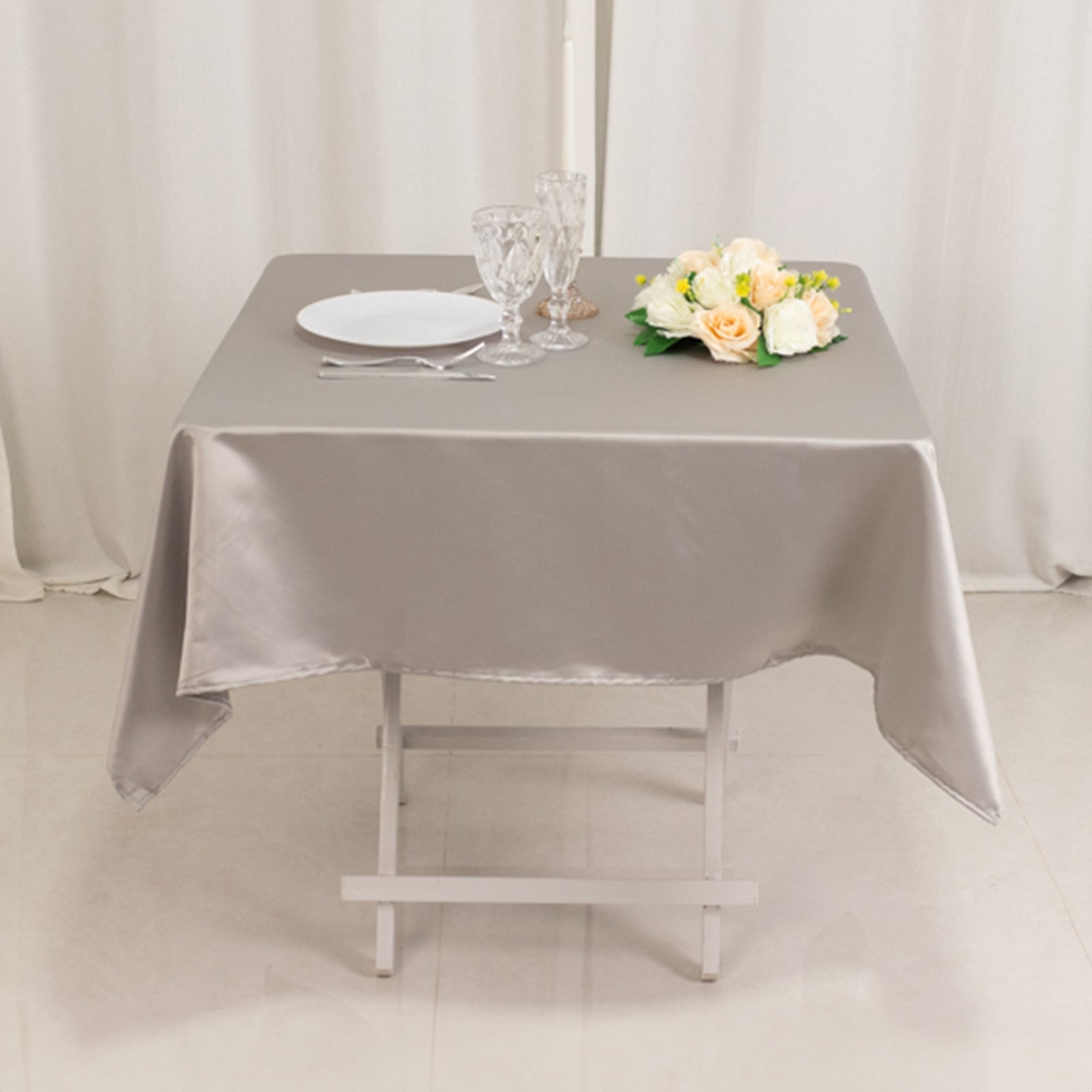 Lamour Satin 54"x54" Square Tablecloth Silver - Durable & Silk-Like Table Cover
