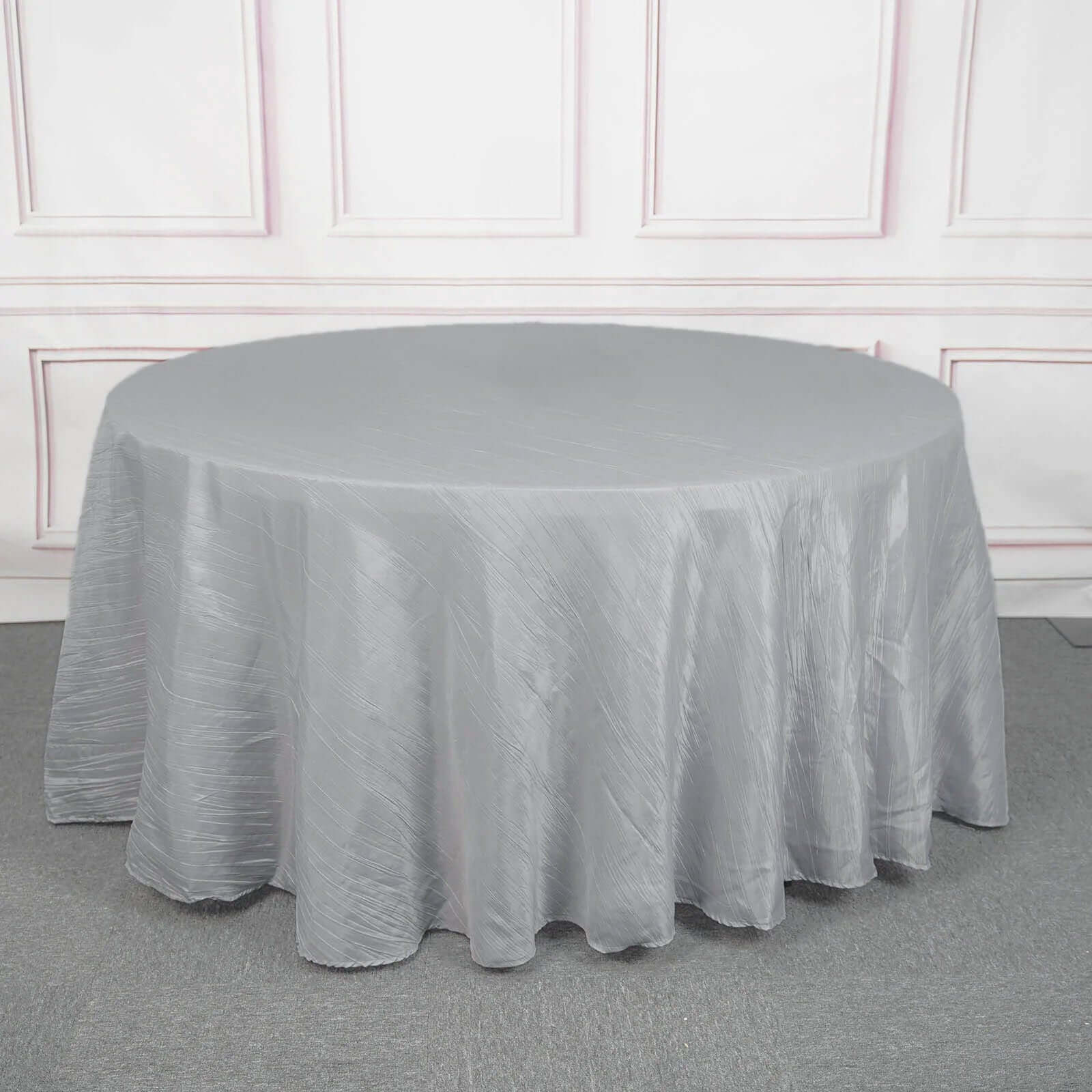Taffeta 120" Round Tablecloth Silver - Seamless Accordion Crinkle Table Cover
