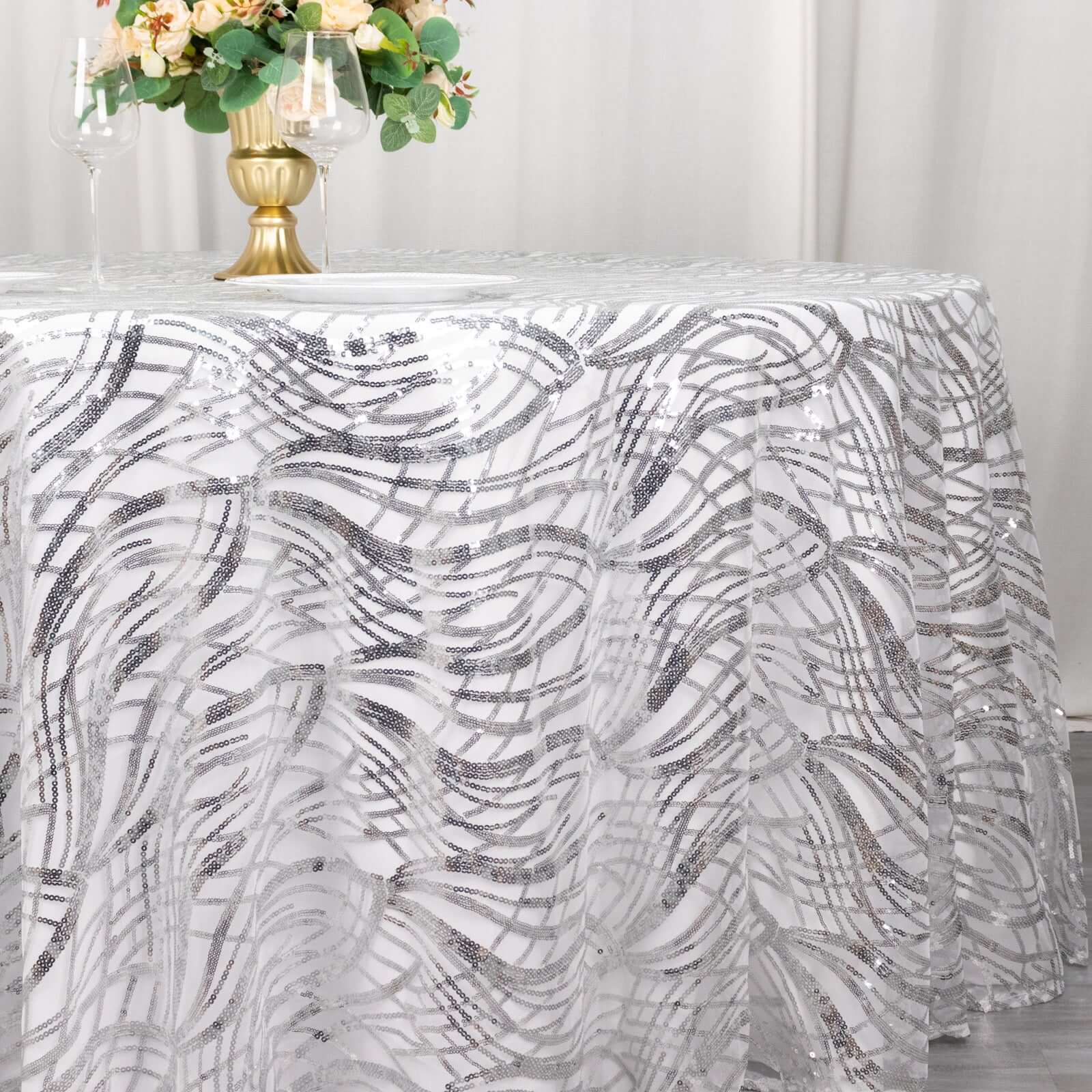 Sequin Mesh 120" Round Tablecloth Silver - Seamless Wave Embroidered Table Cover