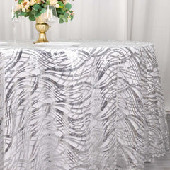 Sequin Mesh 120" Round Tablecloth Silver - Seamless Wave Embroidered Table Cover