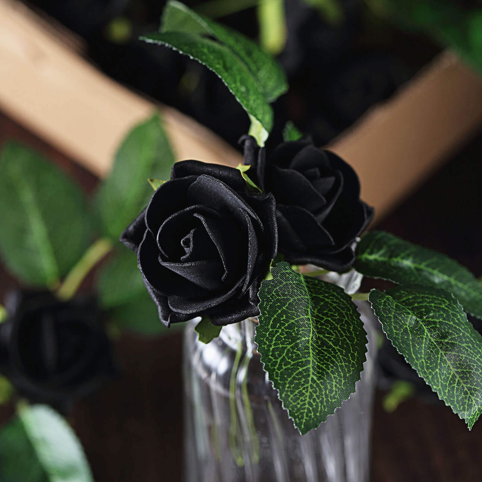 24 Roses 2" Black Artificial Foam Flowers With Stem Wire and Leaves