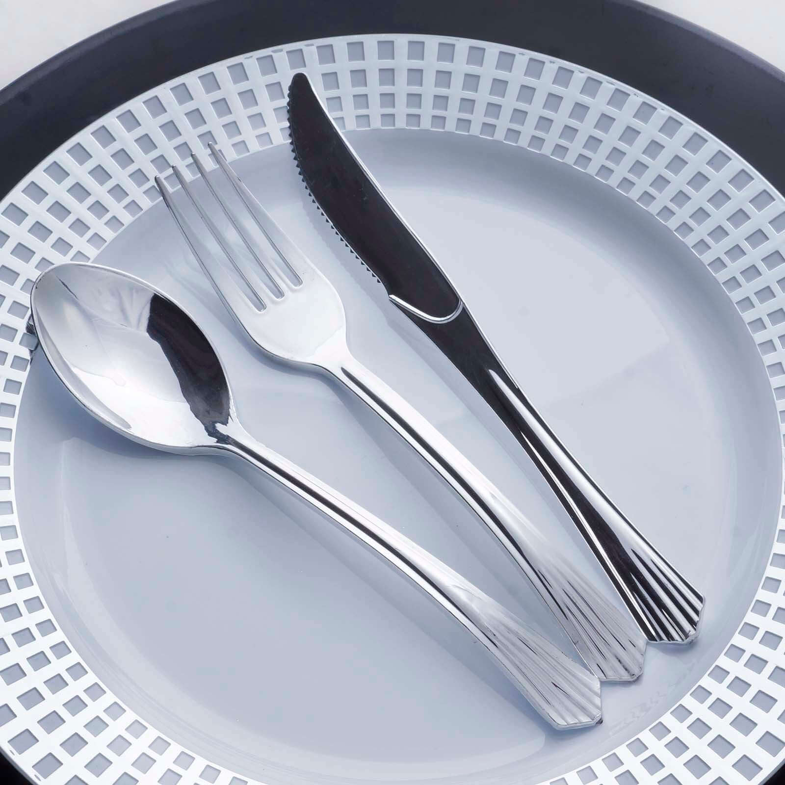 25-Pack Plastic Spoons Silver Heavy Duty with Fluted Handles - Reliable Disposable Cutlery 7"