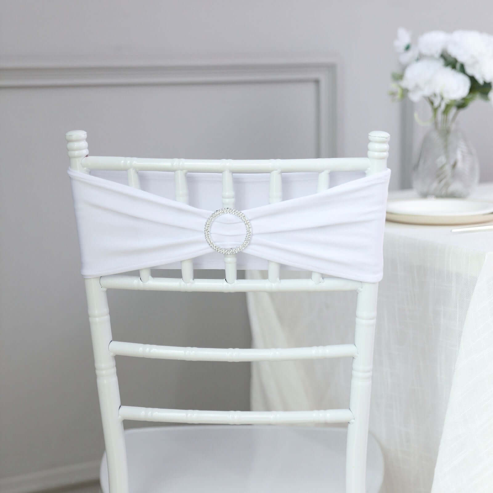 5 Pack Stretch Spandex Chair Sashes White - Classy Reusable Chair Bands with Silver Diamond Ring Slide Buckle 5"x14"
