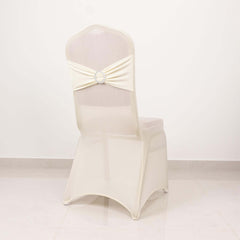 Spandex Chair Cover with Silver Rhinestone Buckled Sash Band Ivory - Stretch Fitted Slipcover