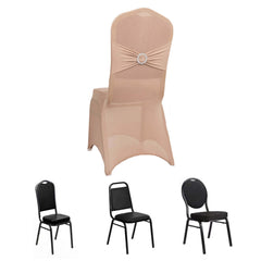 Spandex Chair Cover with Silver Rhinestone Buckled Sash Band Nude - Stretch Fitted Slipcover