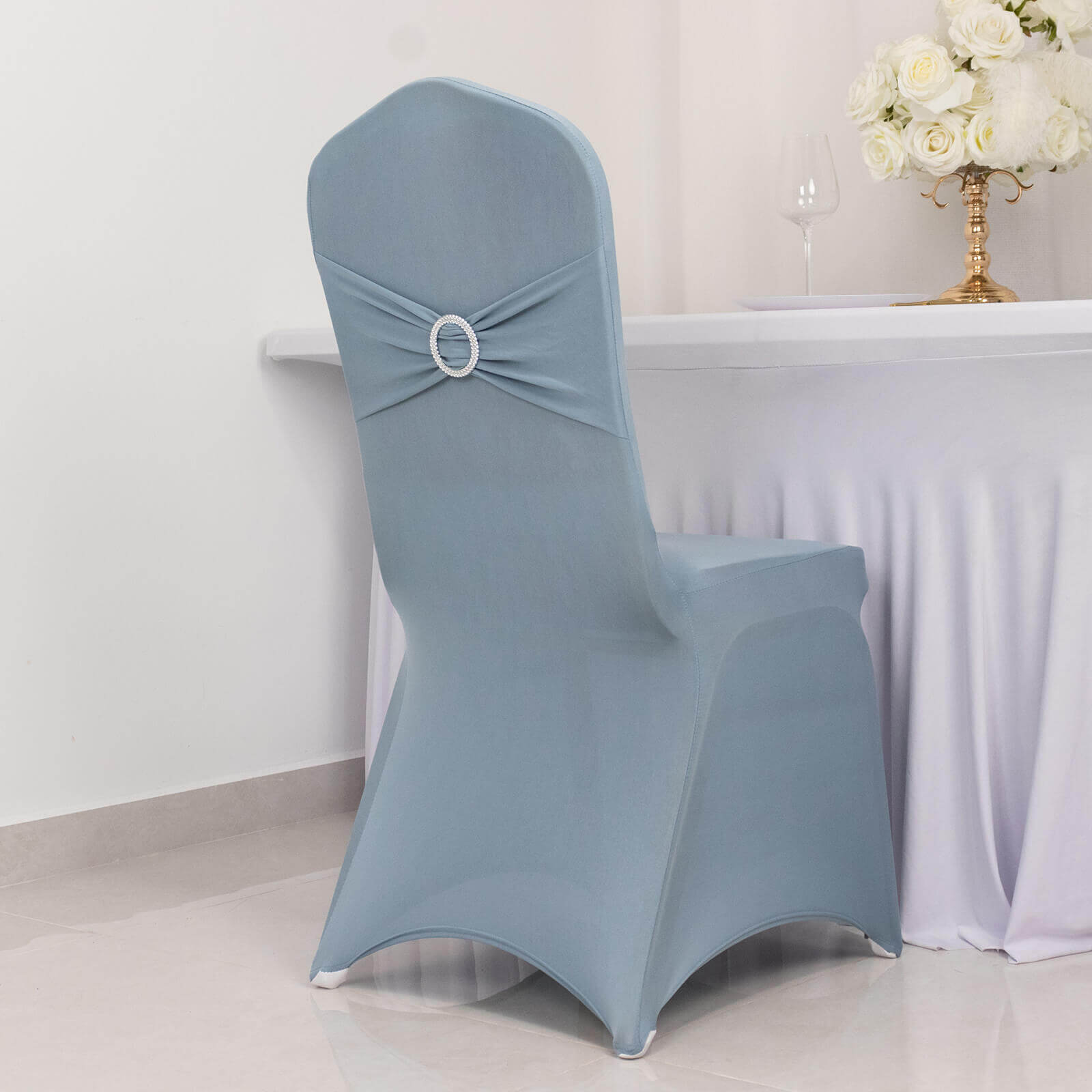 Spandex Chair Cover with Silver Rhinestone Buckled Sash Band Dusty Blue - Stretch Fitted Slipcover