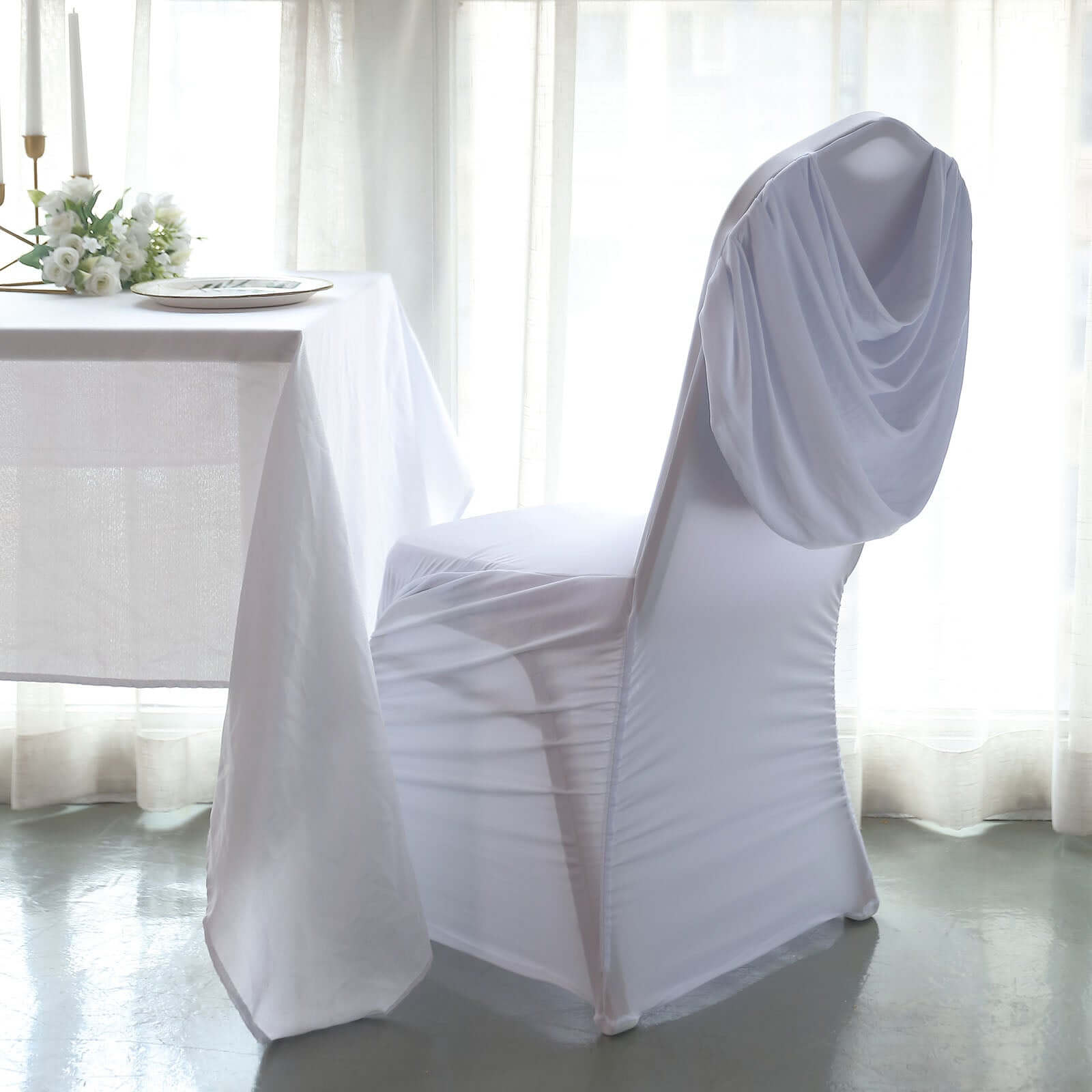 Spandex Chair Cover with Ruched Swag Back and Foot Pockets for Banquet Chairs White - Stylish Fitted Slipcover for Weddings & Gatherings