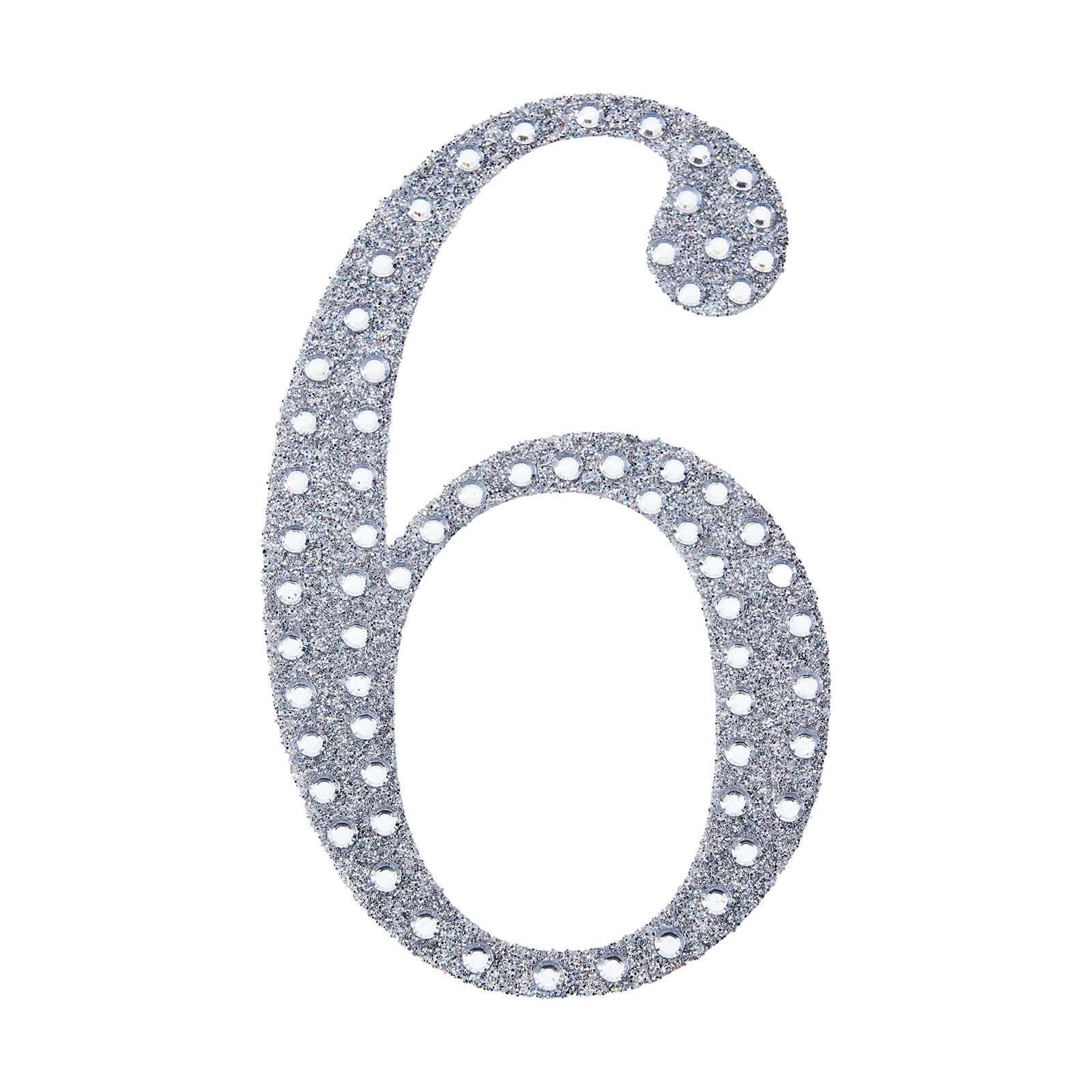 Decorative Rhinestone Number "6" Stickers, Glitter Adhesive Craft Numbers Silver DIY Sparkle Embellishments 6"