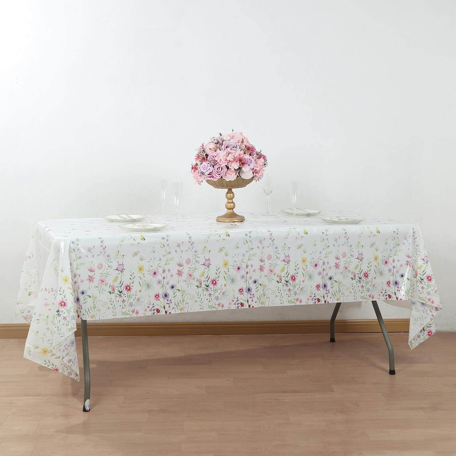 5-Pack Plastic Tablecloths White/Green Spring Floral Rectangle with Wild Flowers Butterfly Print - Durable PVC Disposable Table Covers 54"x108"