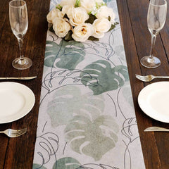 Disposable Table Runner 11"x108" White with Green Monstera Palm Leaves Print - Non-woven Stylish Spring Summer Dining Decor