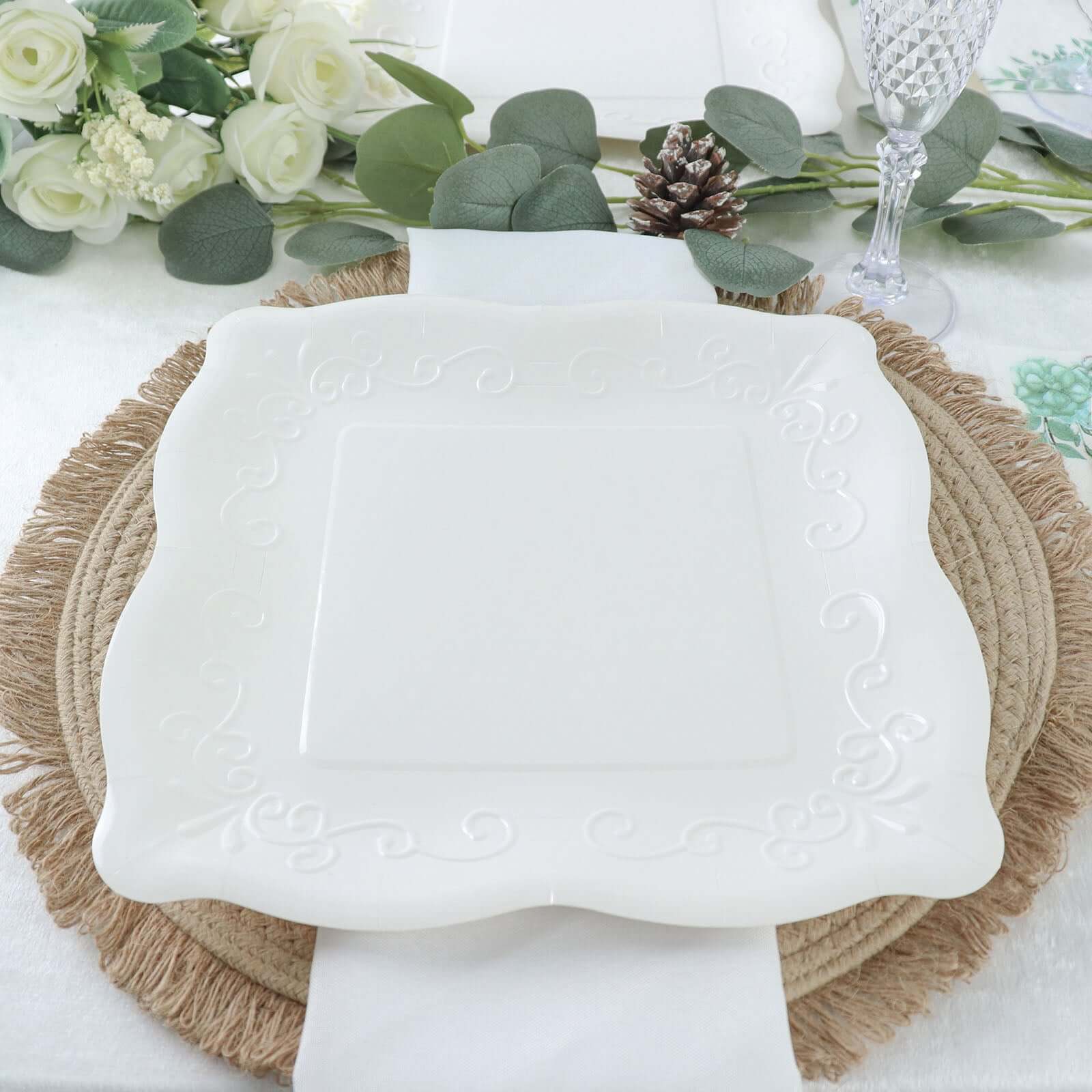 25-Pack Paper 11" Square Dinner Plates in White with Vintage Pottery Embossed Design - Shiny Disposable Serving Plates