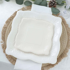 25-Pack Paper 11" Square Dinner Plates in White with Vintage Pottery Embossed Design - Shiny Disposable Serving Plates