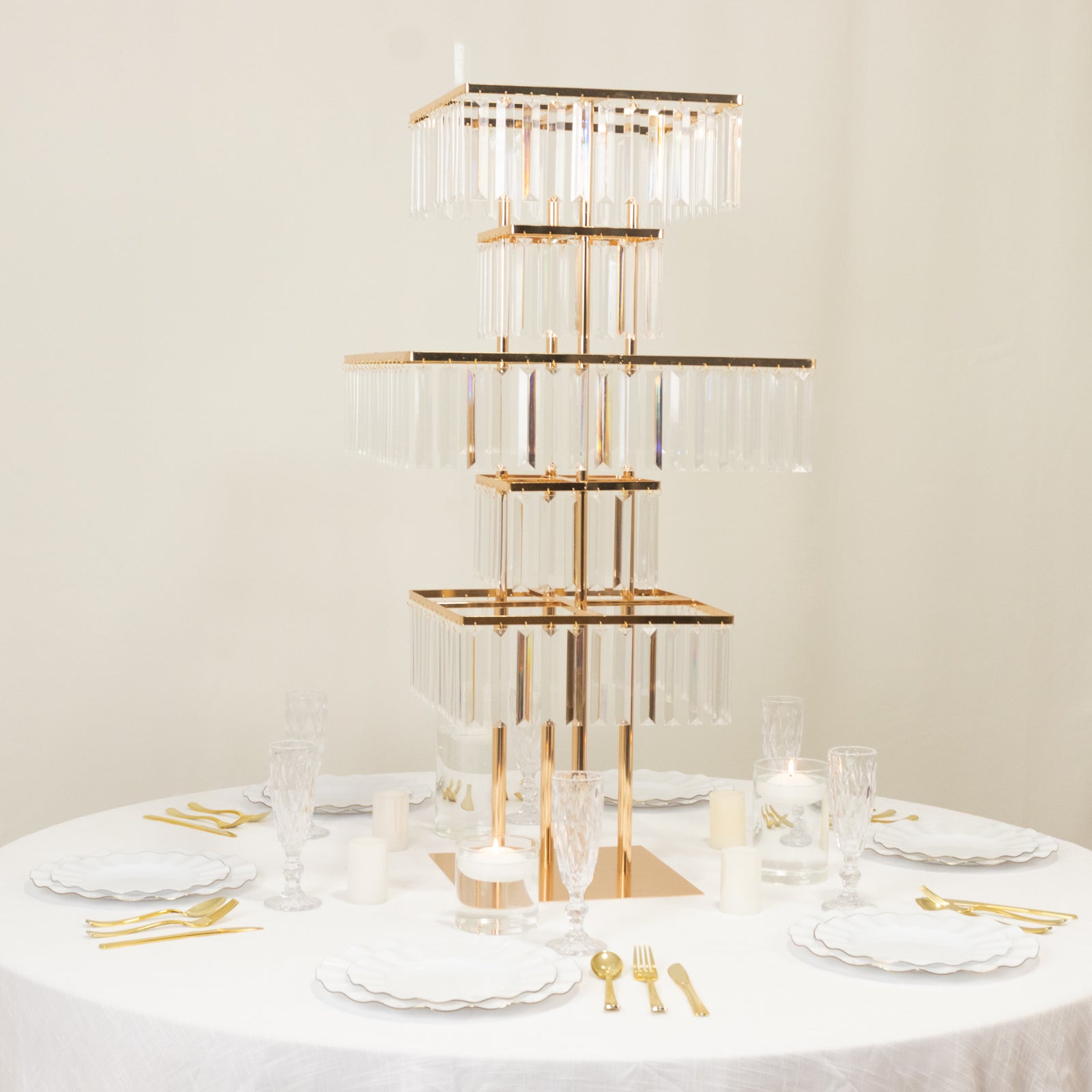 40" Crystal Pendant Table Centerpiece in 5-Tier Gold, Square Flower Stand Metal Vase Chandelier with Hanging Crystals