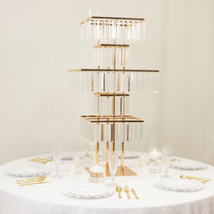 40" Crystal Pendant Table Centerpiece in 5-Tier Gold, Square Flower Stand Metal Vase Chandelier with Hanging Crystals