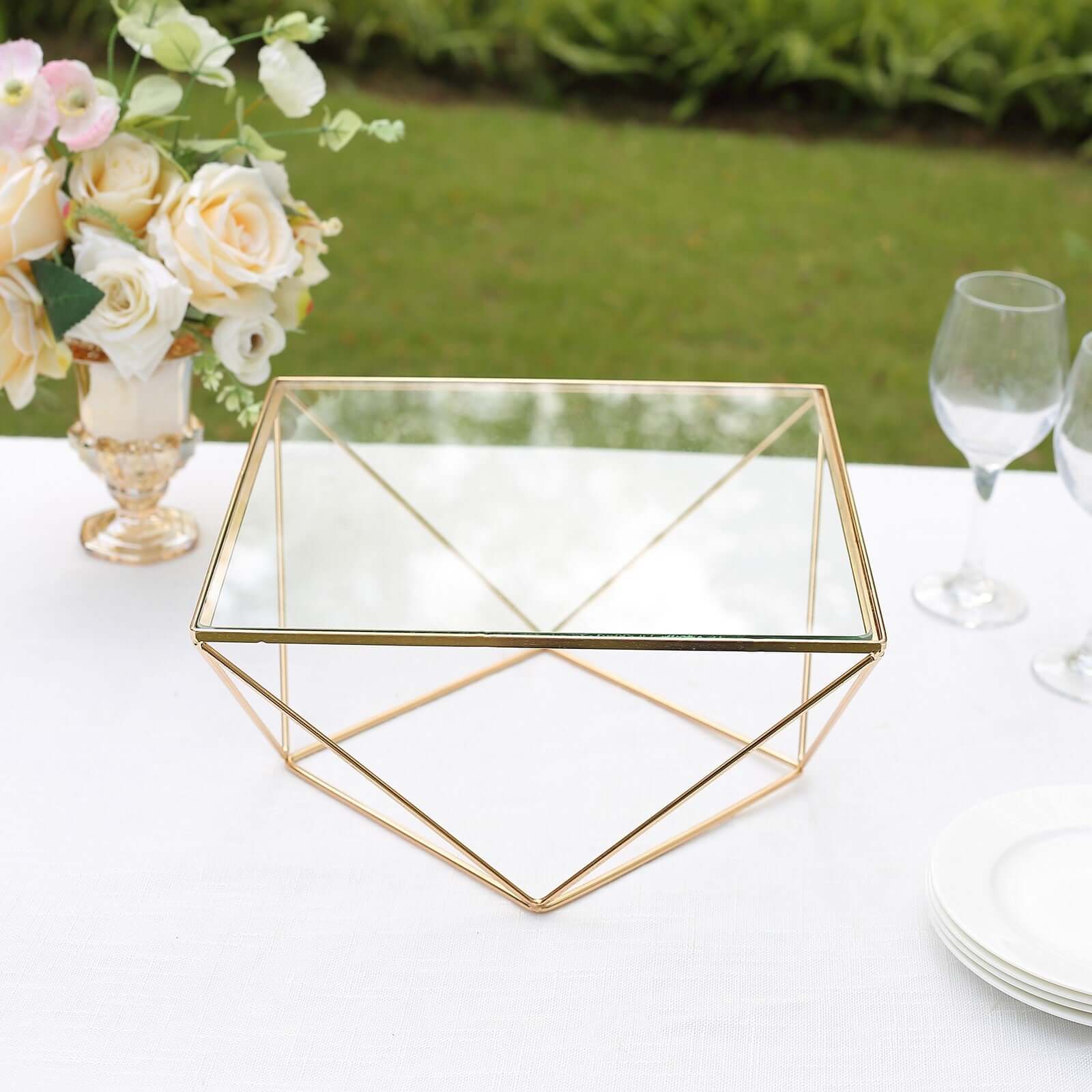 Metal Cake Stand Geometric Pedestal Riser Design Gold with Square Glass Top - Display Centerpiece 12"