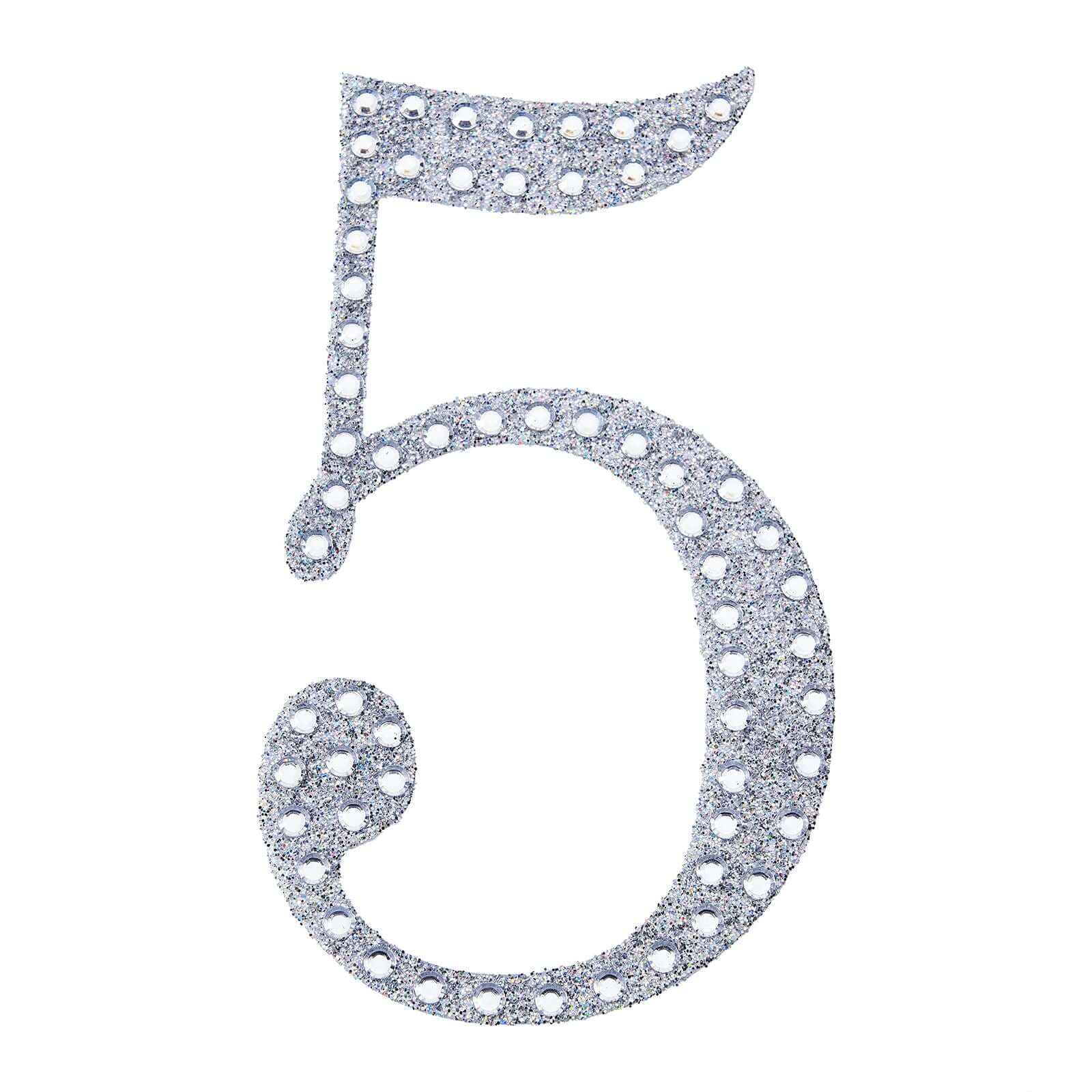 Decorative Rhinestone Number "5" Stickers, Glitter Adhesive Craft Numbers Silver DIY Sparkle Embellishments 4"