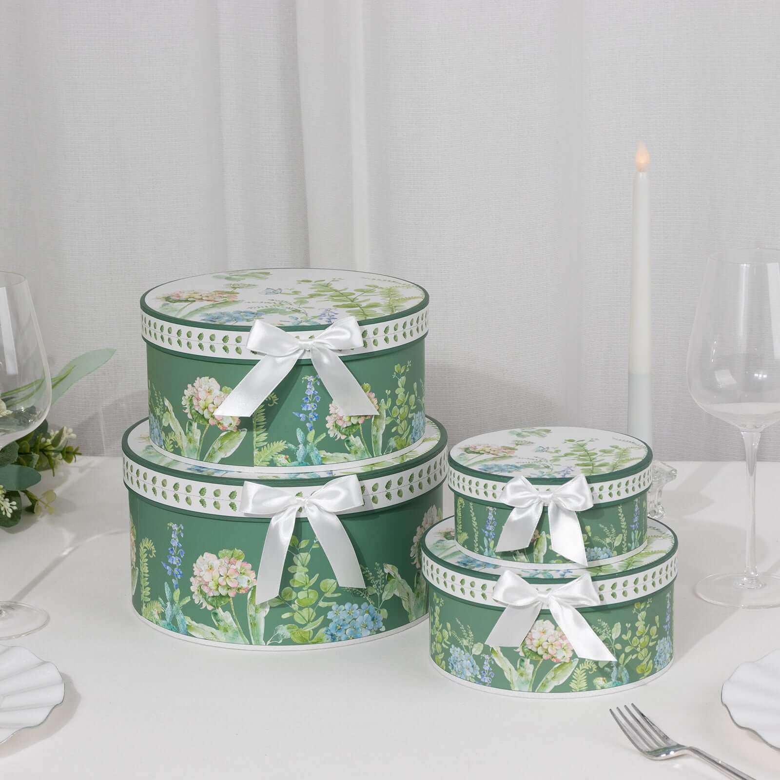 Set of 4 Cardstock Round Nesting Gift Boxes Greenery Theme Design - Decorative Heavy Duty Stackable Keepsake Boxes With Lids for Presents Storage & Pedestal Stand 5",7",8",9"
