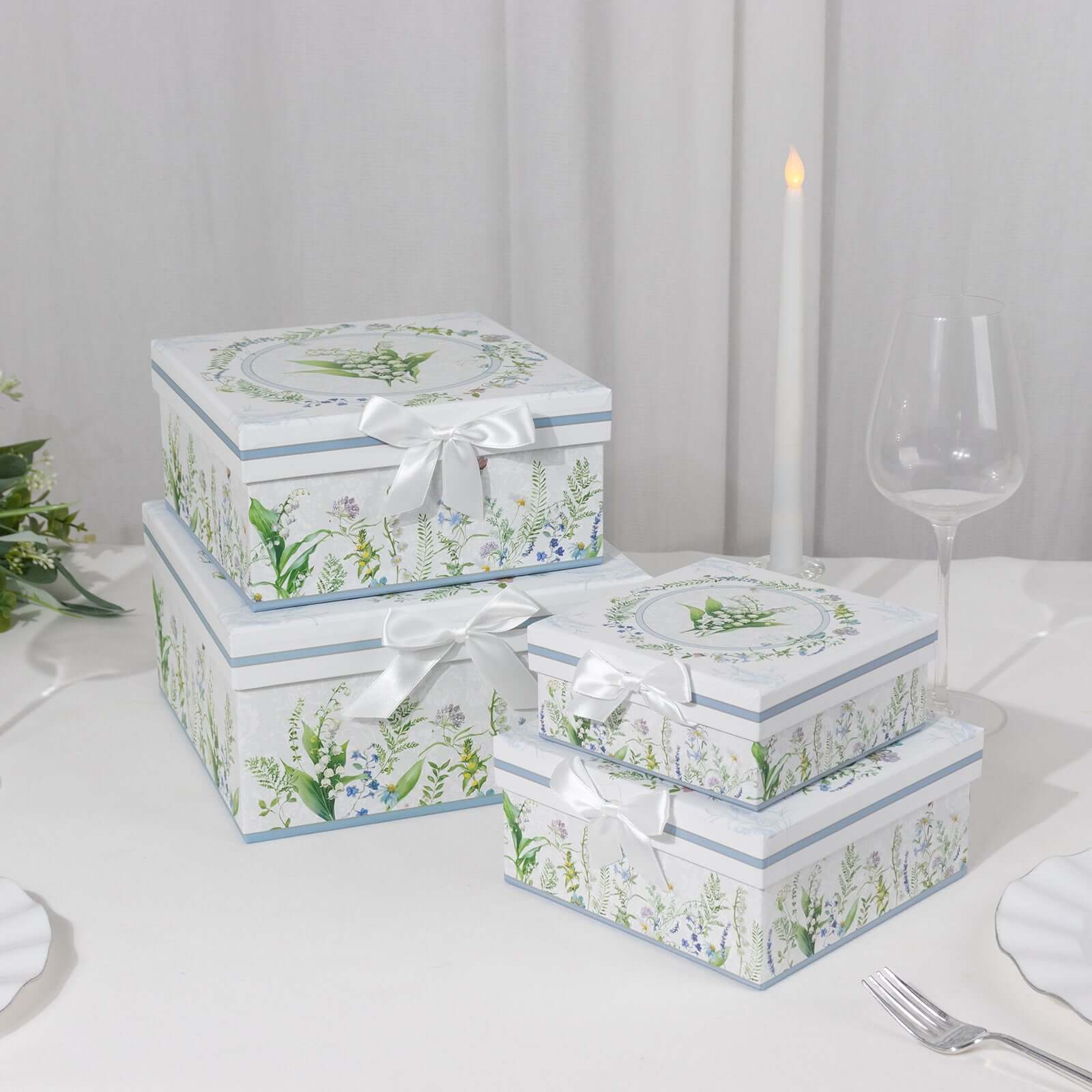 Set of 4 Cardstock Square Nesting Gift Boxes White Green Floral Design - Decorative Heavy Duty Stackable Keepsake Boxes With Lids for Presents Storage & Pedestal Stand 6",7",8",9"