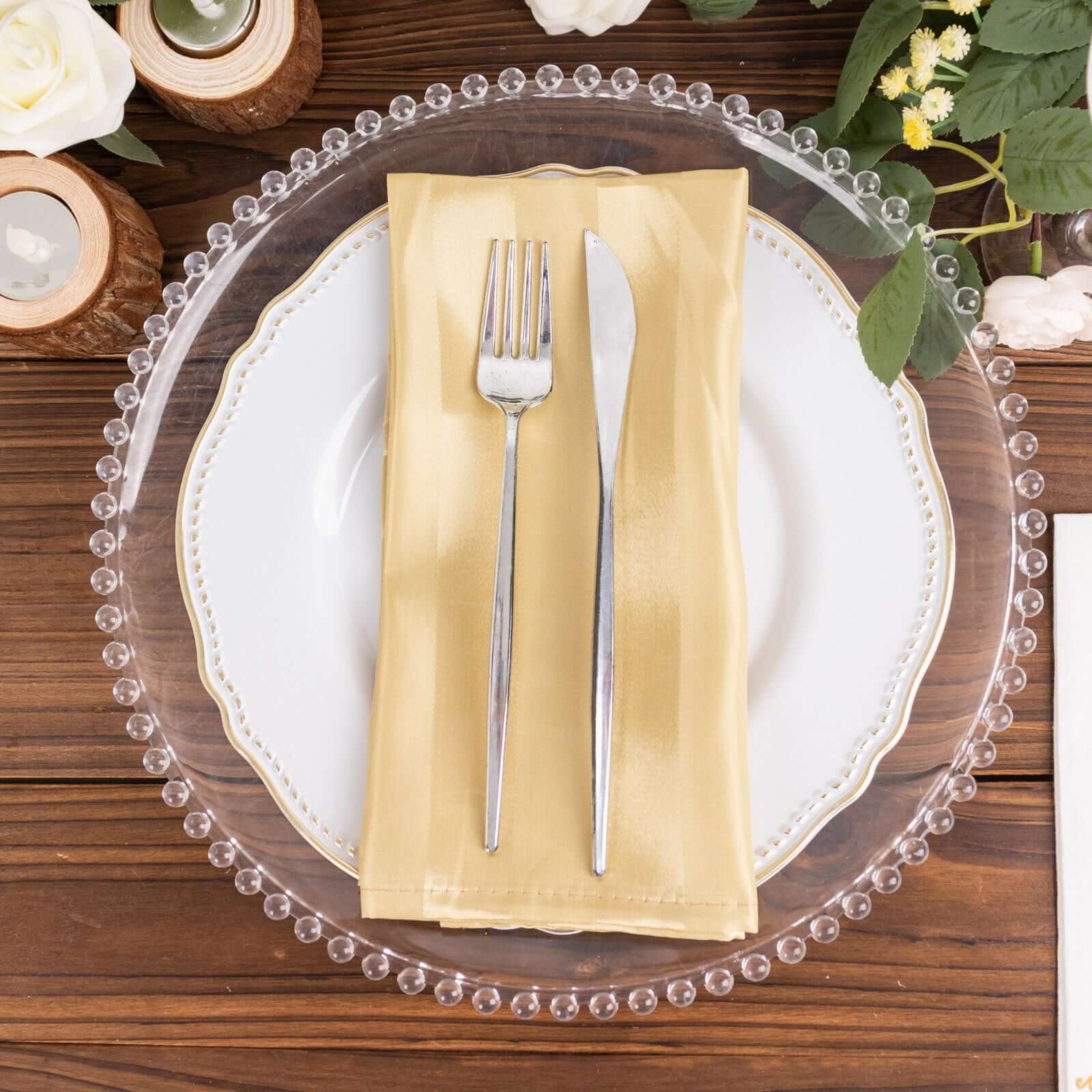 5 Pack Satin 20"x20" Napkins Champagne Glossy Stripes - Durable & Wrinkle-Free Cloth Napkins