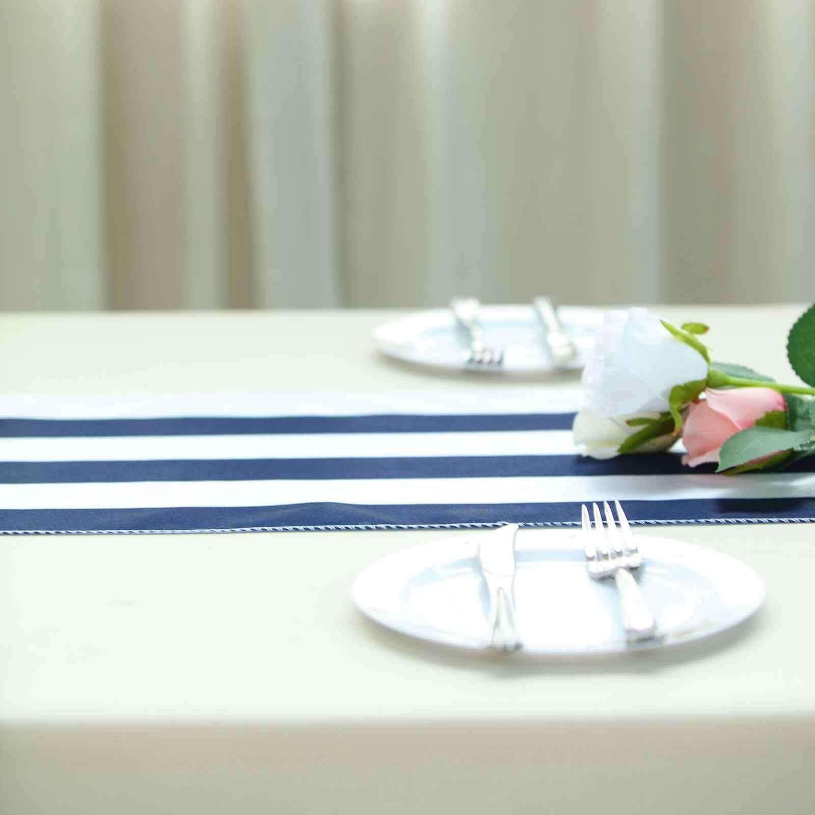 Satin 12"x108" Table Runner Navy Blue/White Stripe - Classic Striped Design