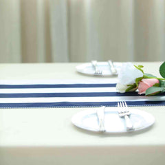 Satin 12"x108" Table Runner Navy Blue/White Stripe - Classic Striped Design