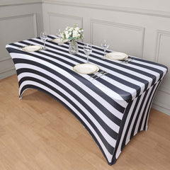 Stretch Spandex 8ft Rectangle Tablecloth Black/White Vertical Stripes - Durable Form-Fitting Tablecloth for Events & Presentations