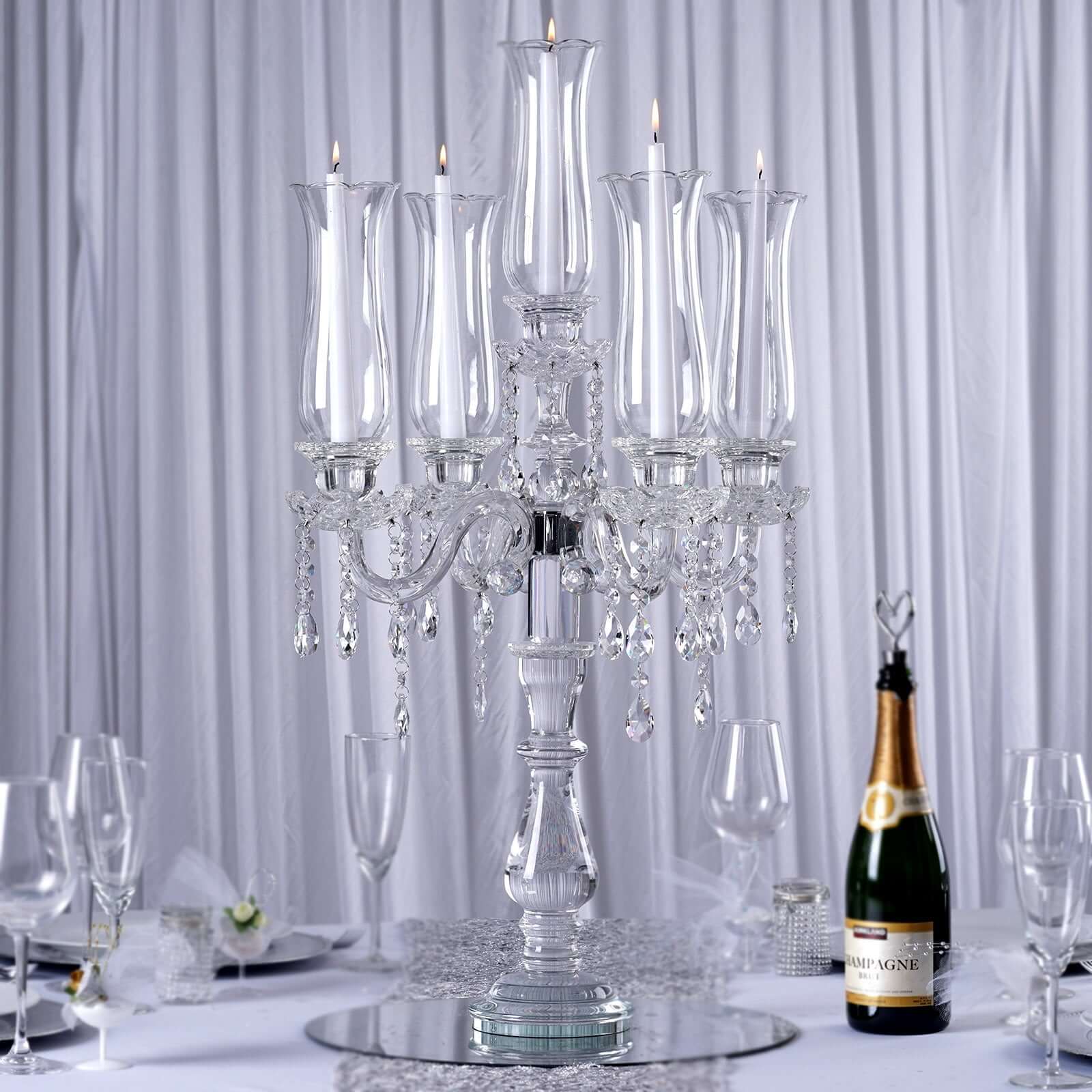 5 Arm Crystal Glass Taper Candle Holder Candelabra, Stylish Table Centerpiece With Chandelier Chains 32"