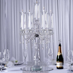5 Arm Crystal Glass Taper Candle Holder Candelabra, Stylish Table Centerpiece With Chandelier Chains 32"