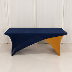 Stretch Spandex 72"x30" Rectangle Table Cover Navy Blue/Gold Cross Over Design - Two-Piece Fitted Tablecloth with Elastic Foot Pockets