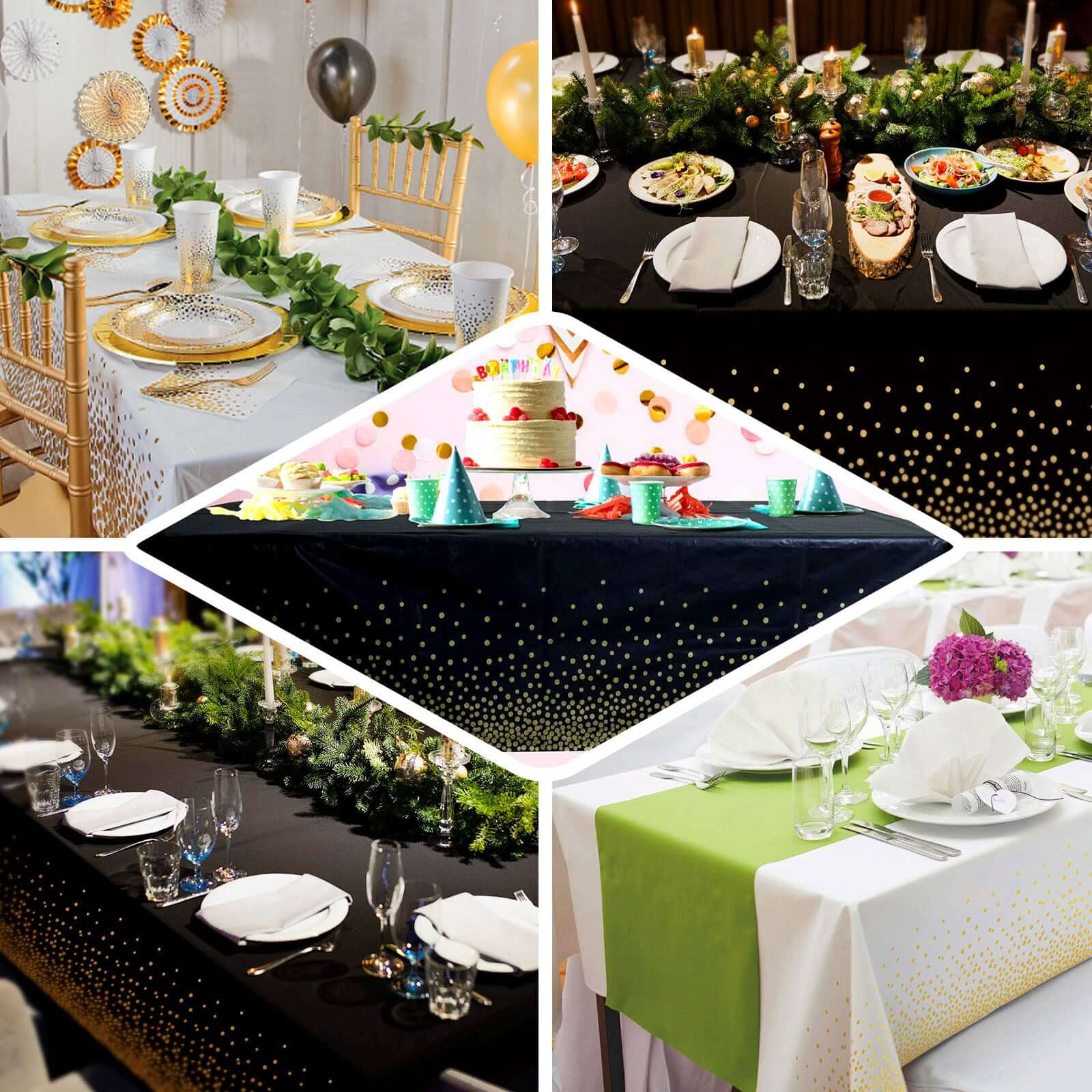 5-Pack Plastic Table Covers White Rectangle with Gold Confetti Dots - Durable PVC Disposable Tablecloths for Events 54"x108"