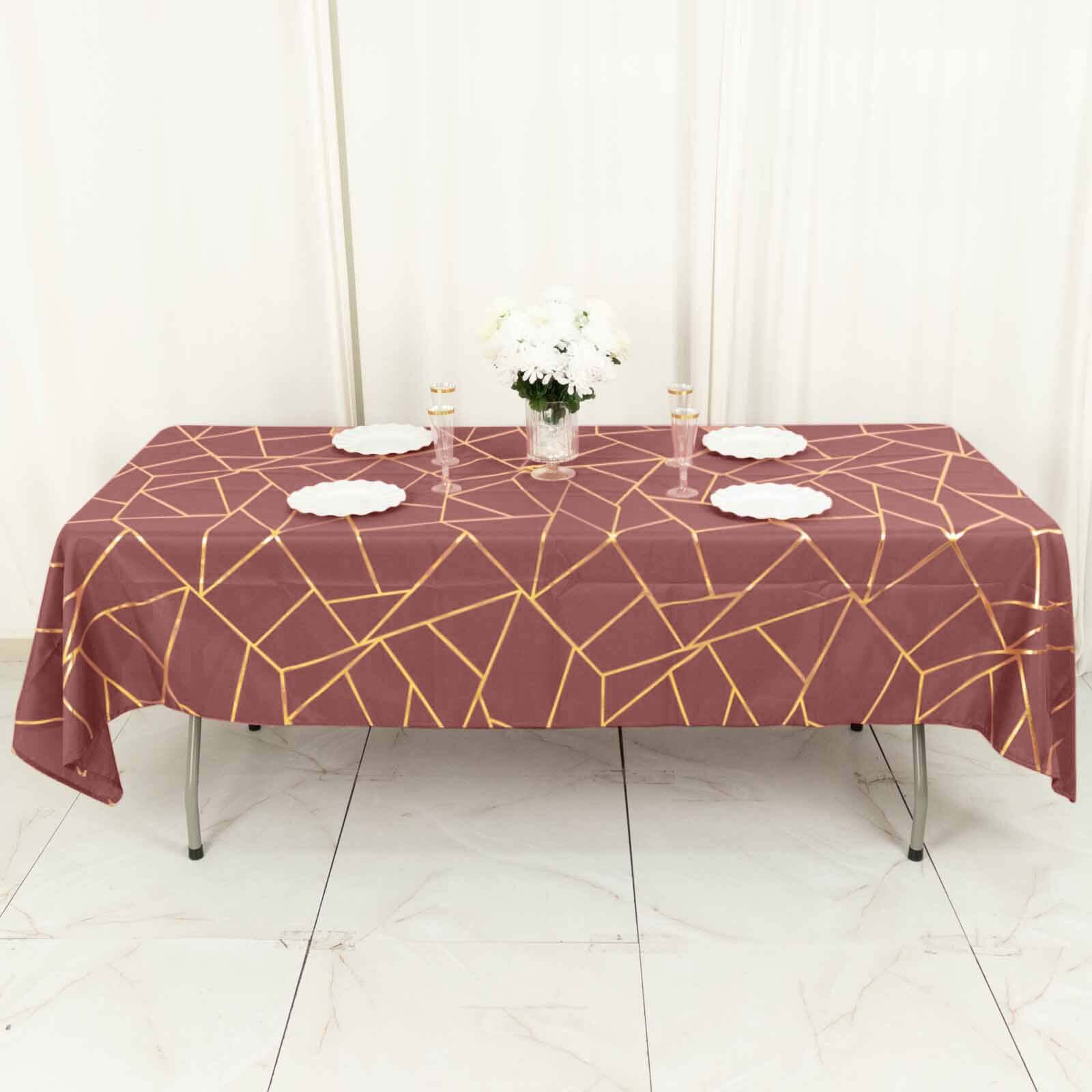 Polyester 60"x102" Rectangle Tablecloth Cinnamon Rose with Gold Foil Geometric Pattern - Wrinkle-Resistant & Durable Table Cover