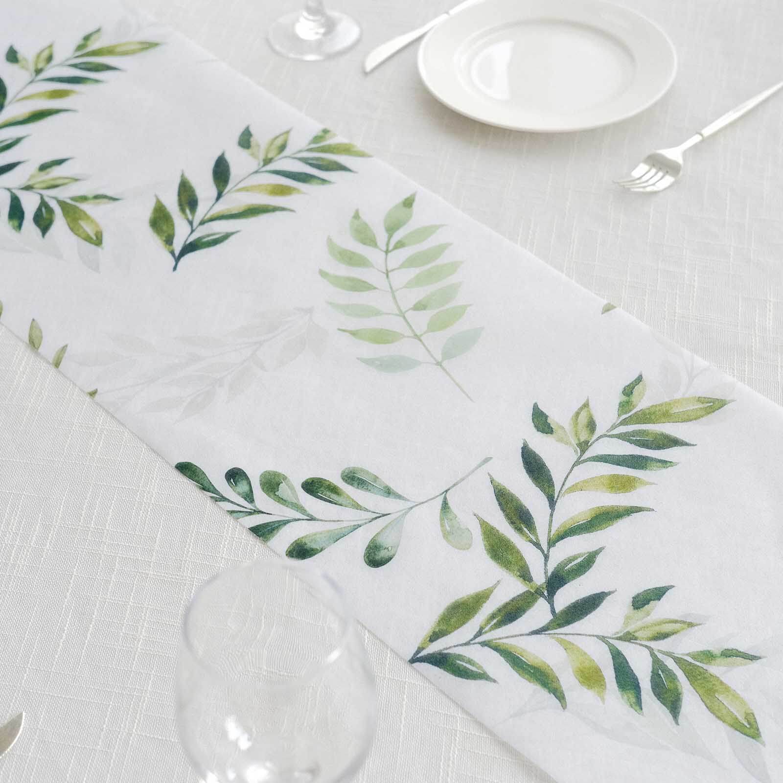 Disposable Table Runner 11"x108" White with Green Olive Leaves Print - Non-woven Stylish Spring Summer Dining Decor