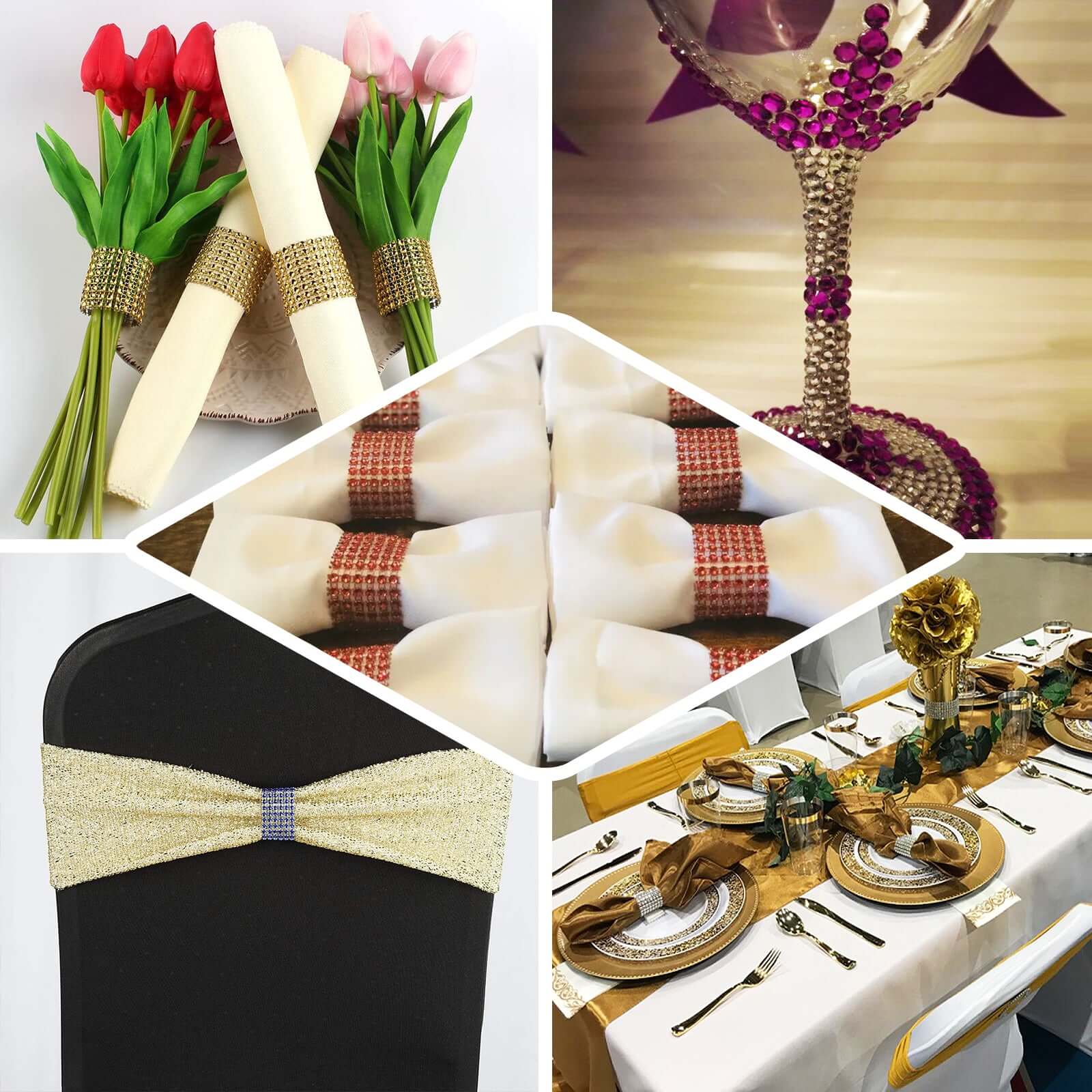 10 Pack Rhinestone Napkin Rings with Velcro Brooch Buckle Gold - Stylish Design for Chair Sashes