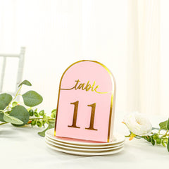 25-Pack 7" Disposable Table Numbers, Blush Free Standing Double Sided Table Number Place Cards with Metallic Gold Foil Numbers 1-25