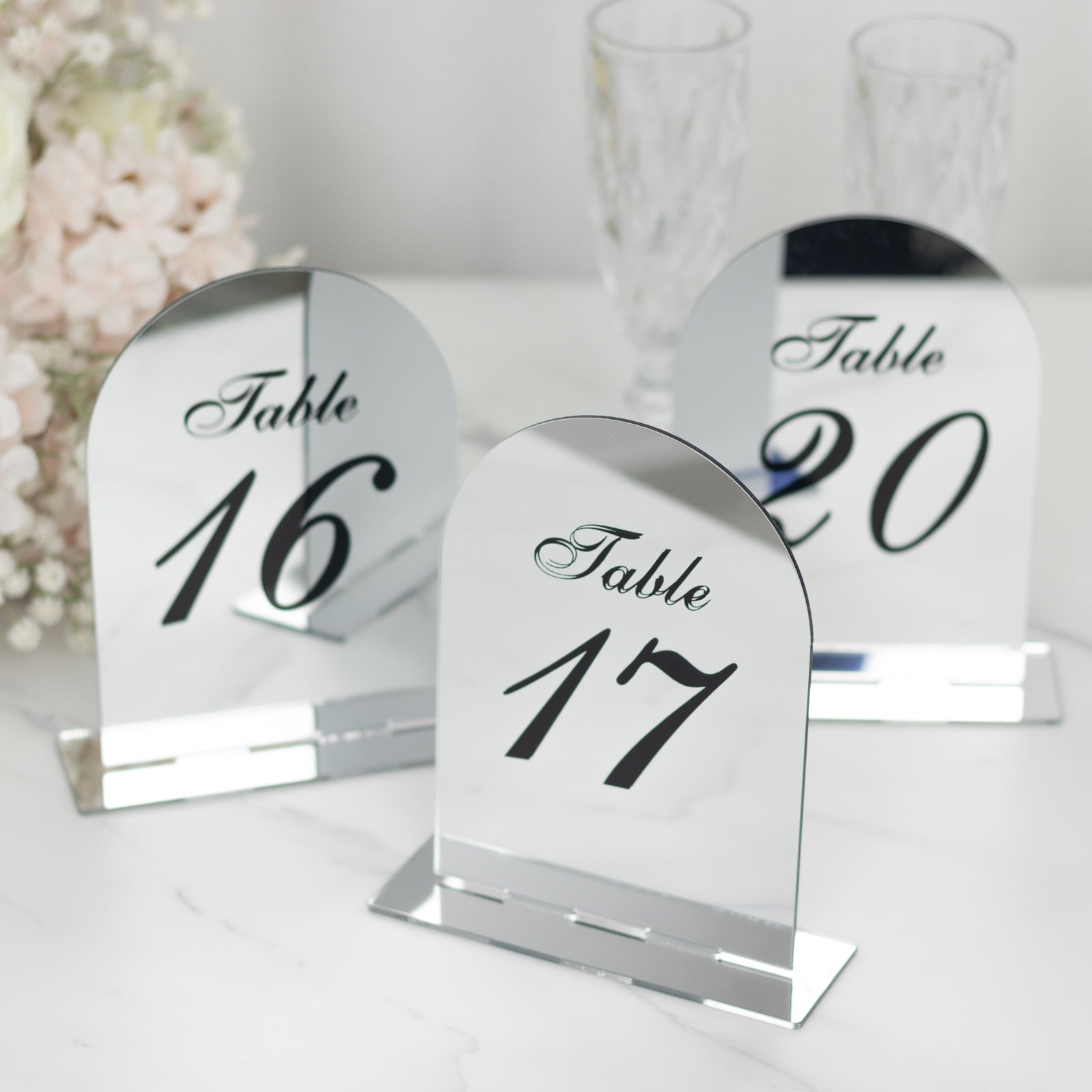Silver Mirror Arch Acrylic Table Numbers (11-20) - 6"x7" Wedding Reception Signs with Black Print & Stands