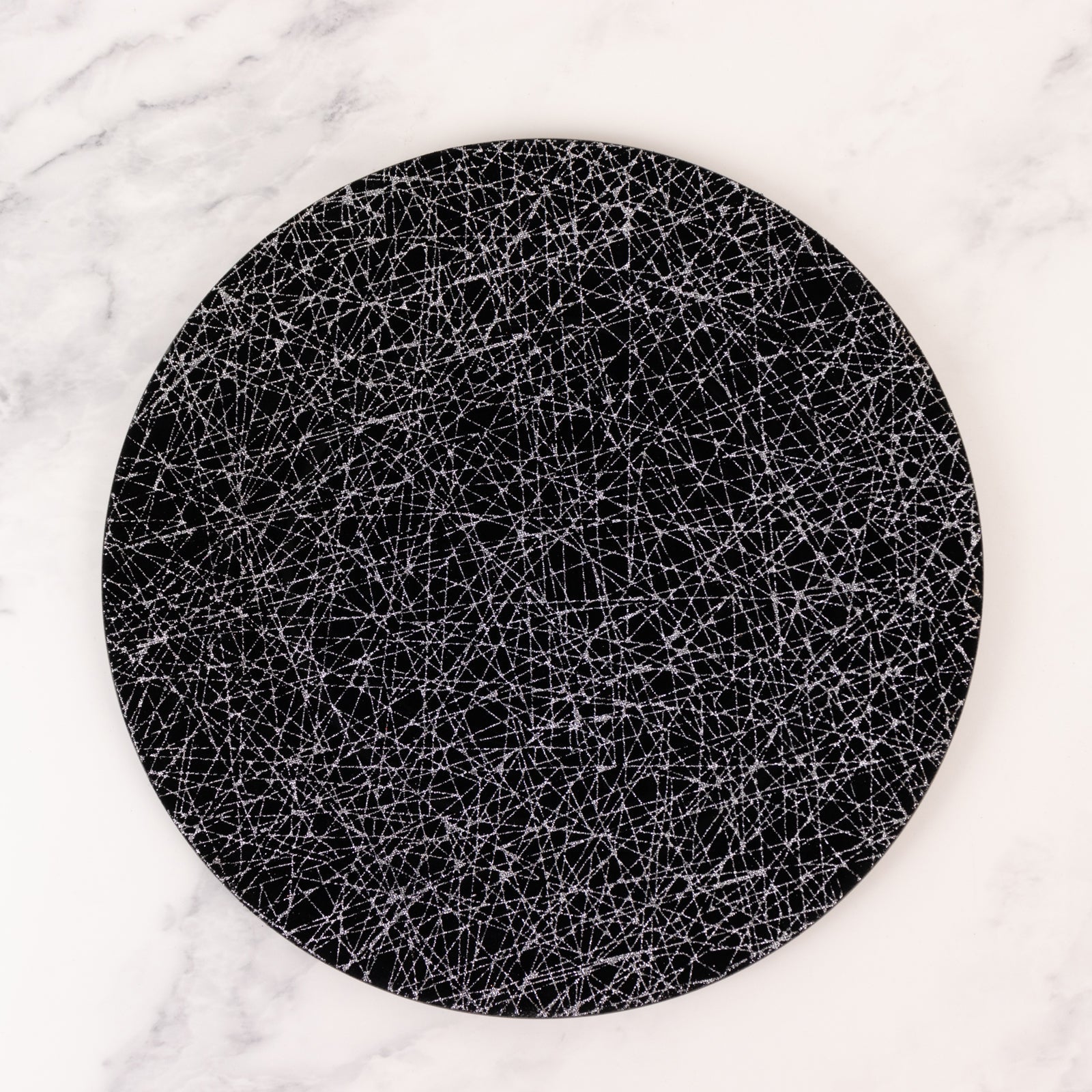 6-Pack Acrylic Round Charger Plates 13" in Black with Silver Glitter Abstract Lines Pattern, Decorative Dinner Party Charger Tableware