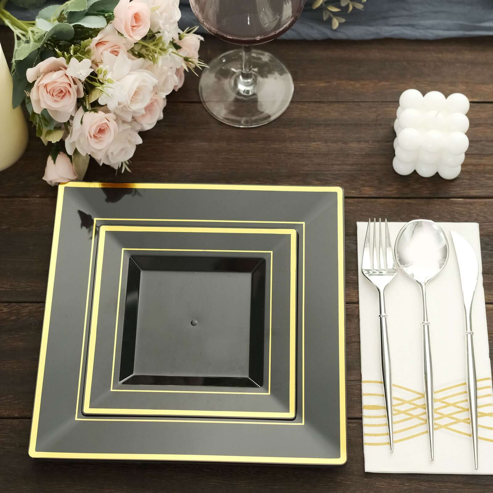 10-Pack Plastic Dinner Plates Black Square with Gold Trim - Lightweight Disposable Plates for Events 10"