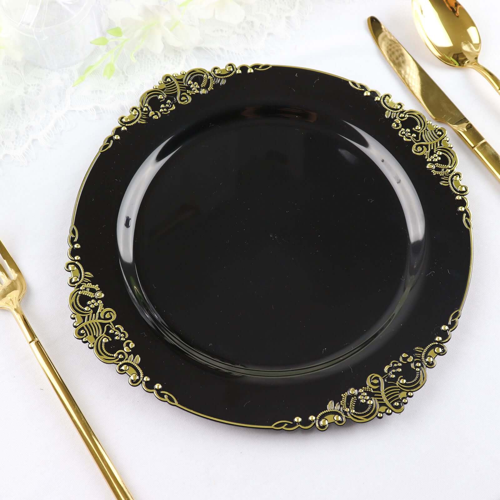 10-Pack Plastic 10" Round Dinner Plates in Black with Gold Leaf Embossed Rim - Disposable Vintage Baroque Style Plates for Luxurious Gatherings & Events