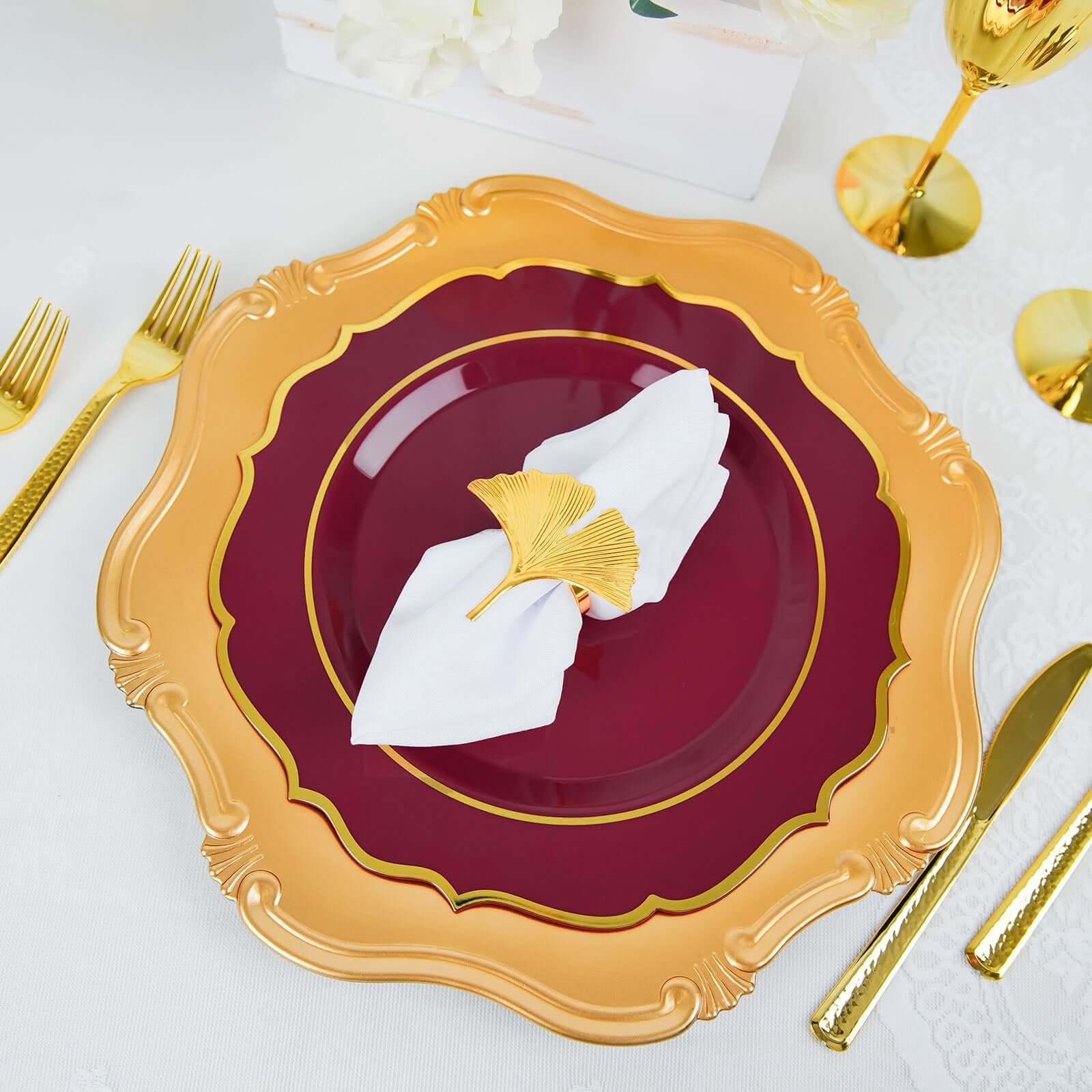 10-Pack Plastic 10" Round Dinner Plates in Burgundy with Gold Scalloped Rim - Disposable Party Plates